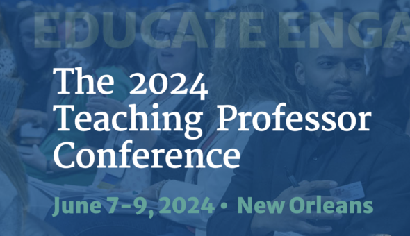 The 2024 Teaching Professor Conference image, two women sitting and smiling on the blue background.